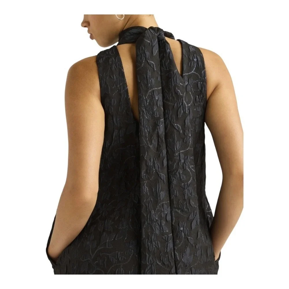 Scoop Mini Dress Women‎ Large Black Blue Metallic Floral Jacquard Mock Neck Tie